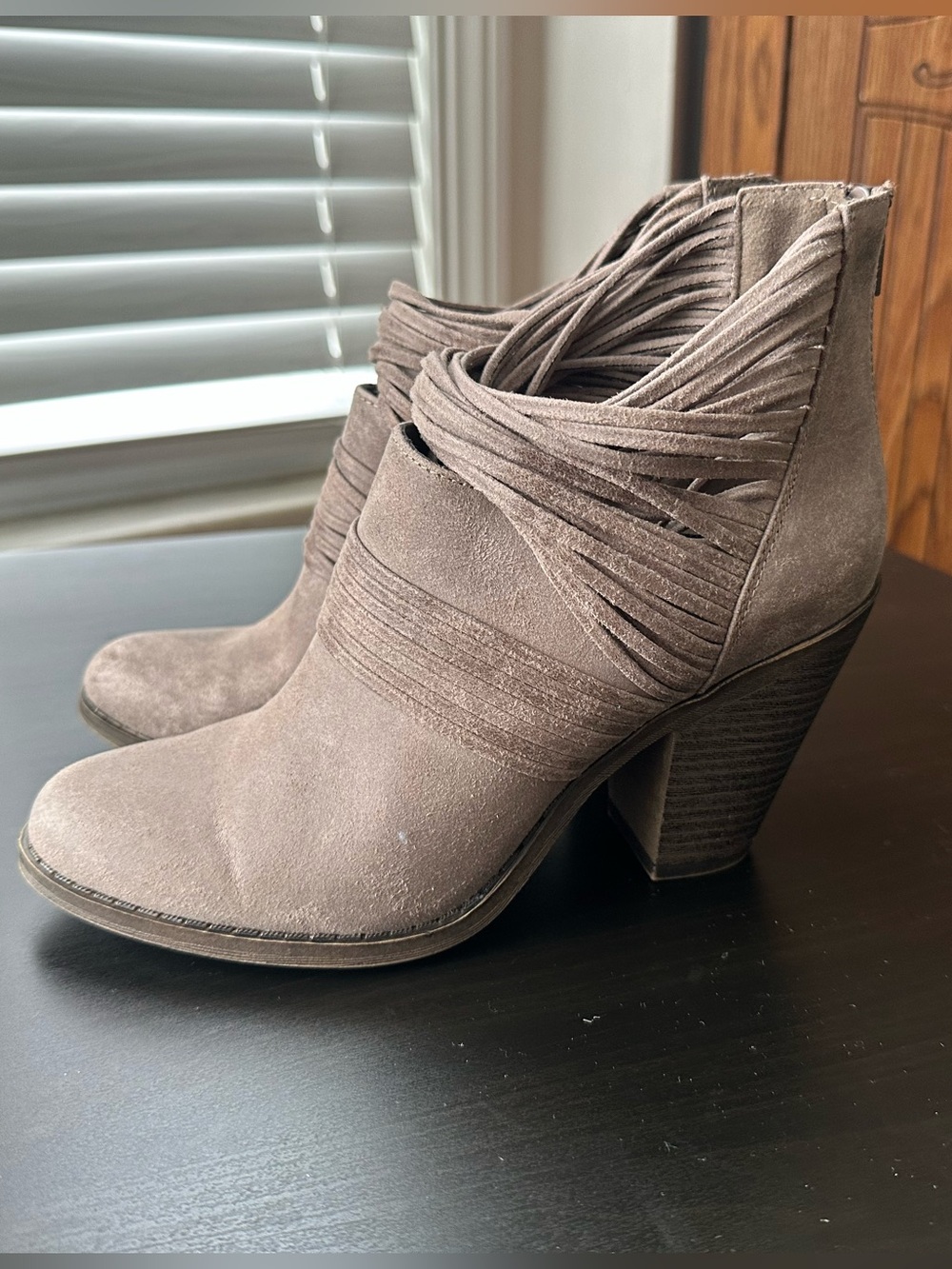 Fergalicious Taupe Suede Fringe Booties size 7.5